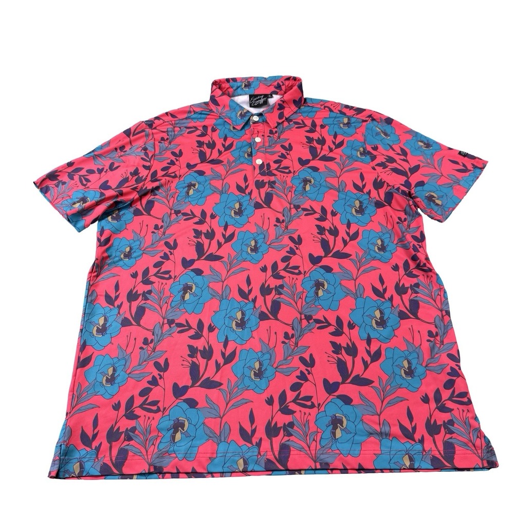 Sunday Swagger Red Blue Floral Performance Golf Polo Mens XL Short Sleeve Shirt